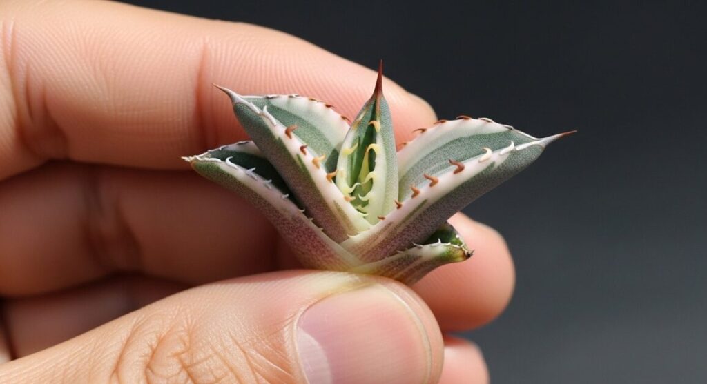 日本人の手が、本物のアガベ・ピンキーのカキ子の横からのクローズアップ写真