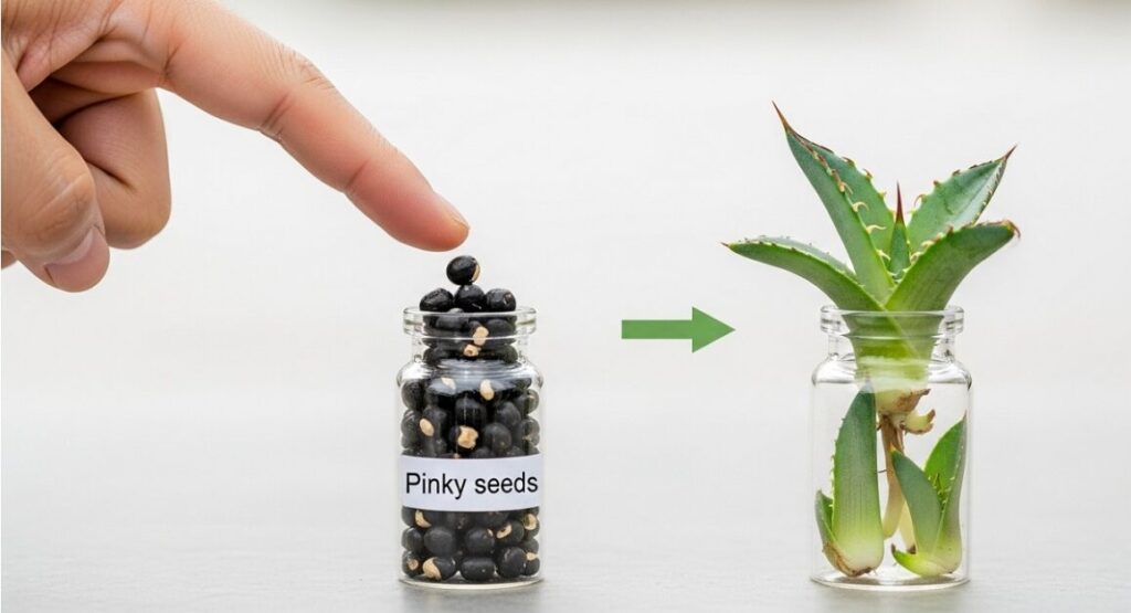 成長した緑色の一般的なアガベ苗の小瓶を指さしている概念的な写真