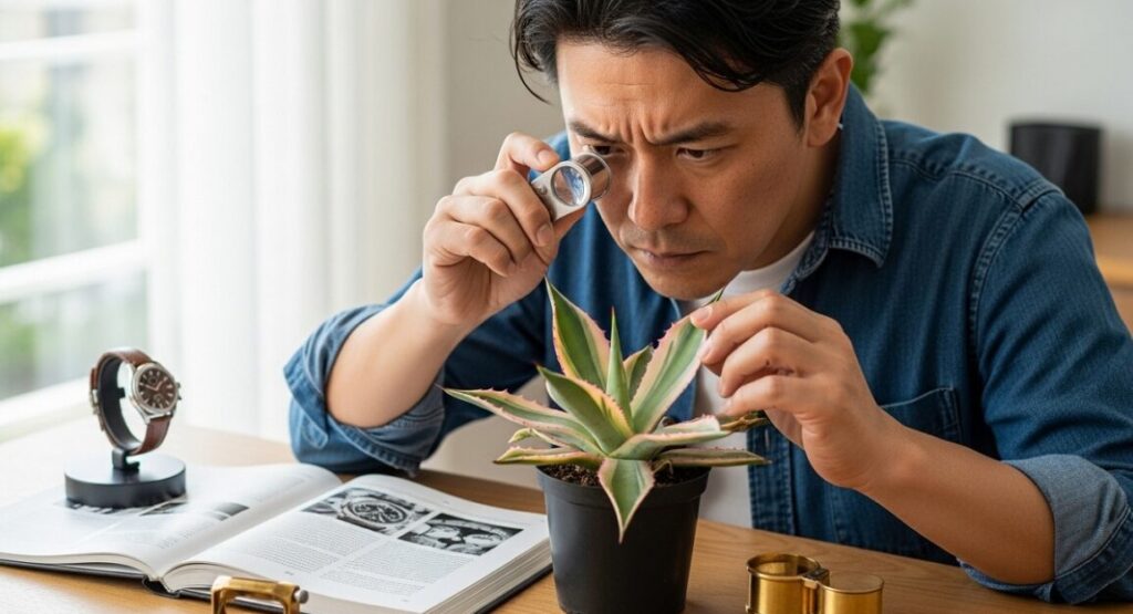 ルーペを使って本物のアガベ・ピンキーの覆輪を詳細に観察している様子