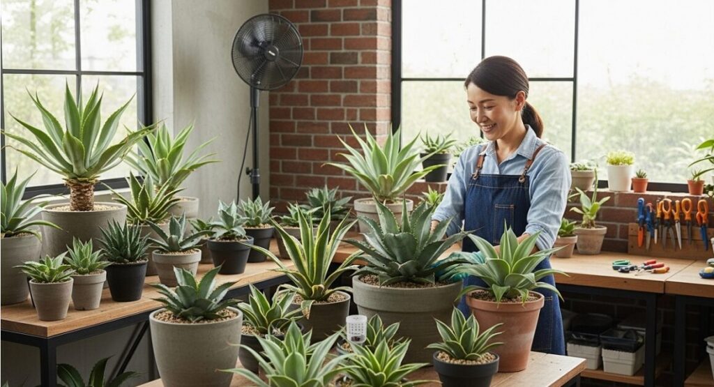 アガベの室内栽培エリアで、サーキュレーターが稼働しており、日本人栽培者が健康なアガベコレクションを笑顔で観察している様子