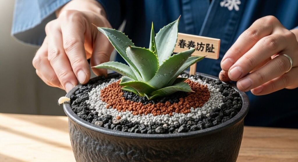 日本人栽培者の手が、完全に無機質な用土（赤玉土や軽石など）に植え替えられた清潔なアガベの鉢植えに、化粧砂を仕上げに撒いている様子