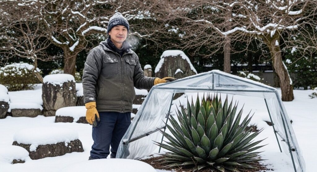 雪が積もる冬の庭で、雪よけの簡易屋根の下、寒さに耐えているアガベ・パリー・ネオメキシカーナ