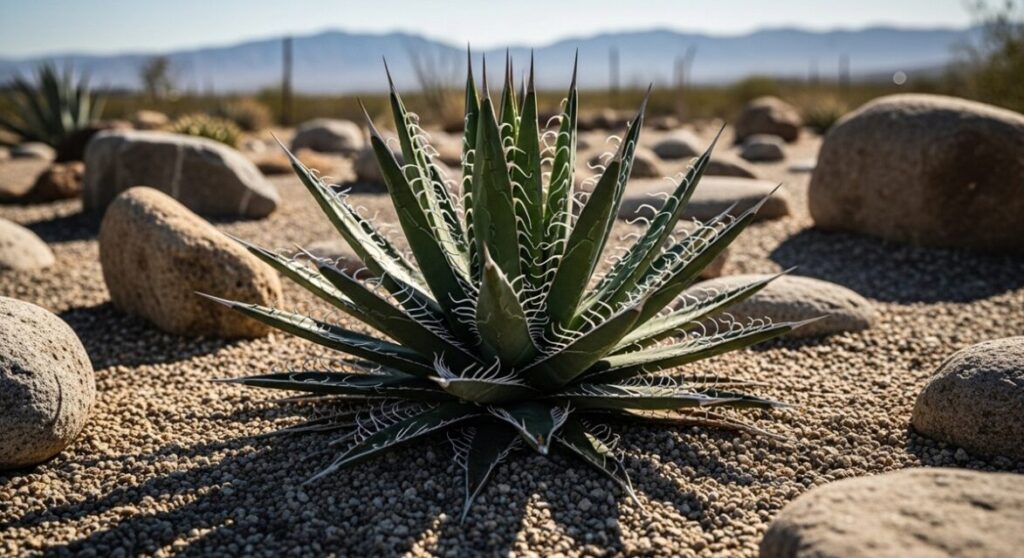 アメリカ南西部の乾燥した砂漠地帯、厳しい日差しの中で単独で自生するアガベ・デザーティ・シンプレックス
