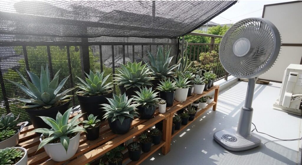 夏の強い日差しを遮るために黒い遮光ネットが張られた棚で、サーキュレーターがアガベに向かって風を送っている様子