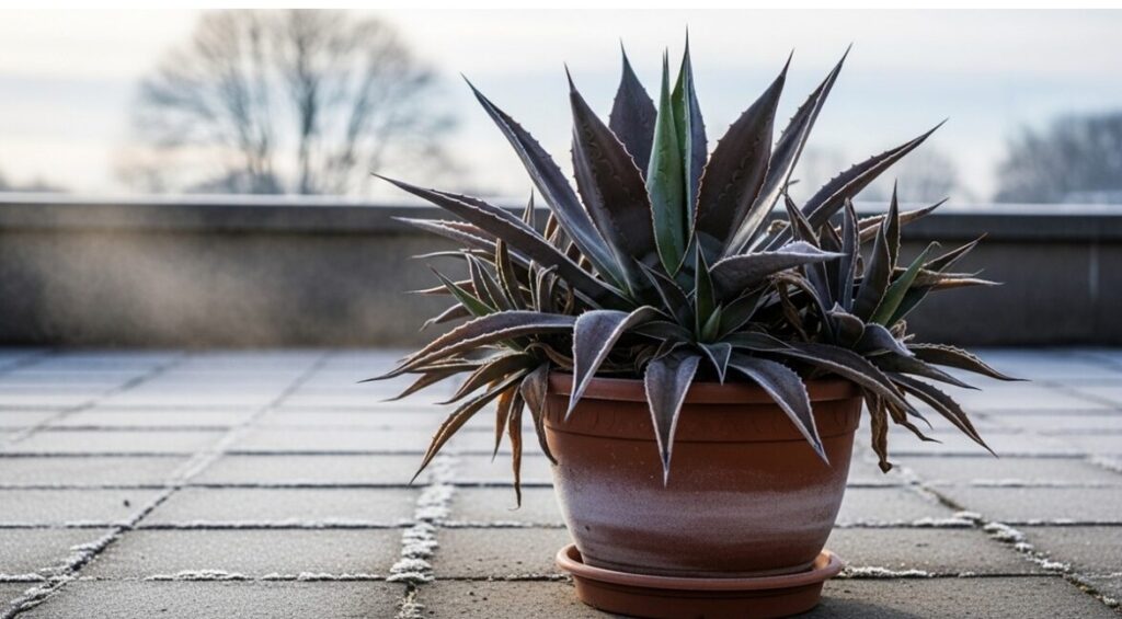 冬の屋外テラスに置かれたアガベ