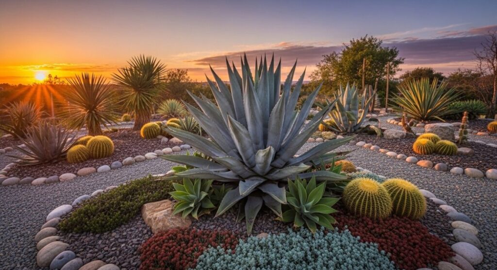 夕暮れ時のドライガーデンで、割栗石と共に美しくレイアウトされた大型のアガベ・ジプソフィラと他の多肉植物。