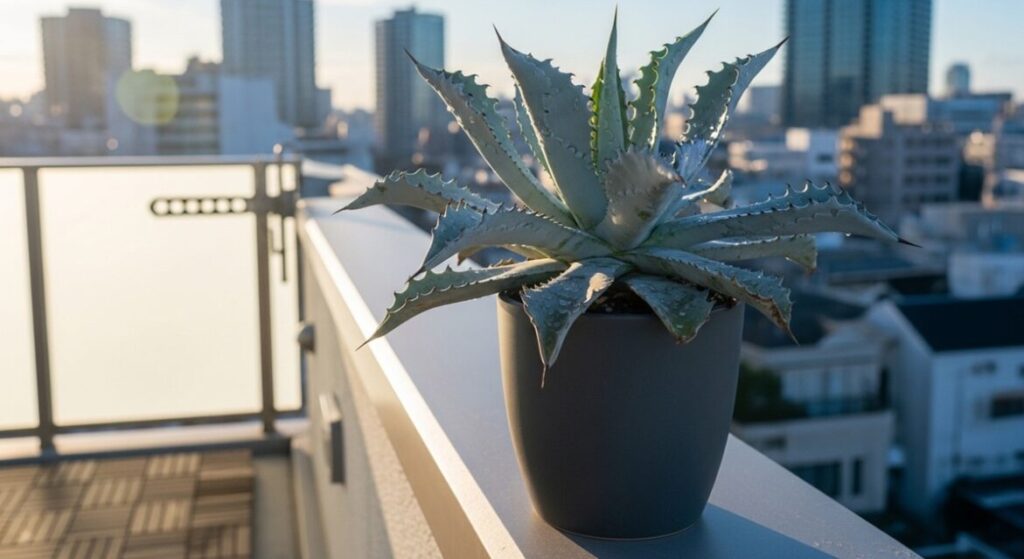 日本のモダンなバルコニーで日光を浴びる、彫刻のように美しく波打つ青白い葉のアガベ・ジプソフィラの鉢植え