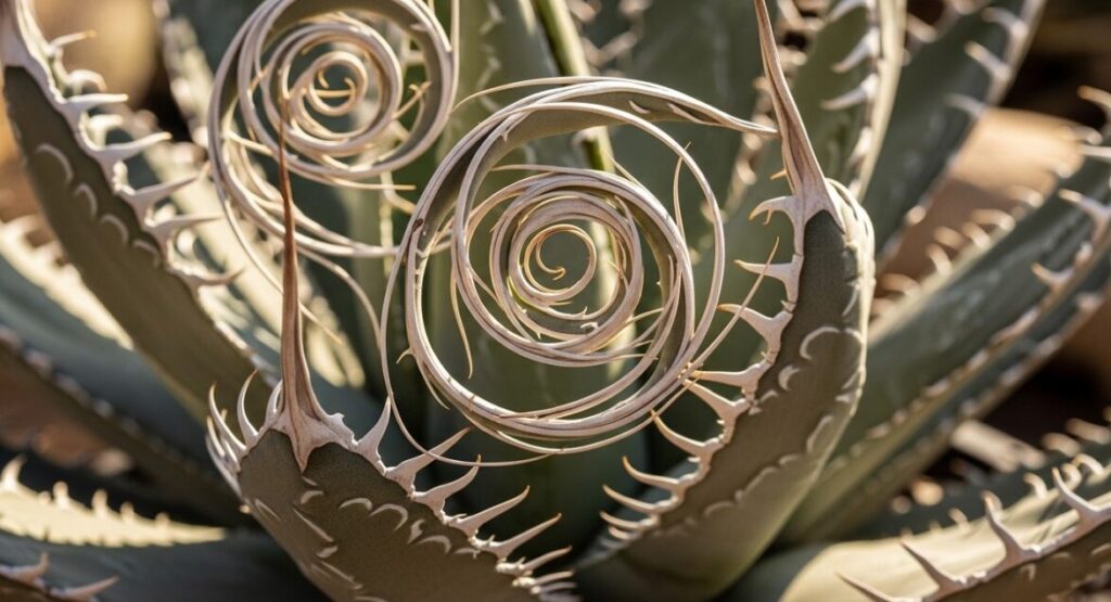 棘が激しくうねり、ねじれた、いわゆる「陽炎」タイプの成熟したアガベ・ユタエンシス・エボリスピナ 'ヴェガス'