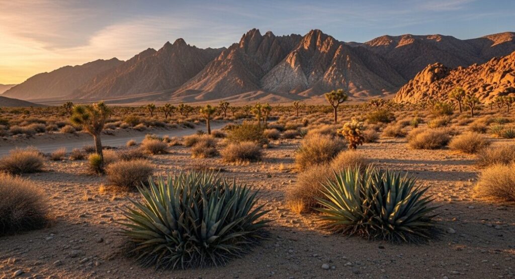 北米モハーヴェ砂漠の、石灰岩が露出した乾燥した山岳地帯の遠景。遠くにアガベの自生地となる厳しい環境が広がる