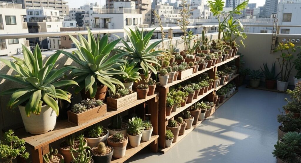 日当たりと風通しの良い屋外のベランダで、棚に並べられ太陽光を浴びて育つアガベ アプラナータ