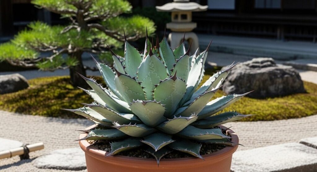 整ったロゼットを形成する、シルバーグレーの葉と黒い棘が美しいアガベ アプラナータの成株