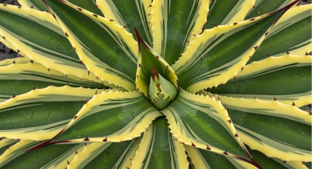 黄色と緑のコントラストが美しい、極上の斑入りアガベのクローズアップ
