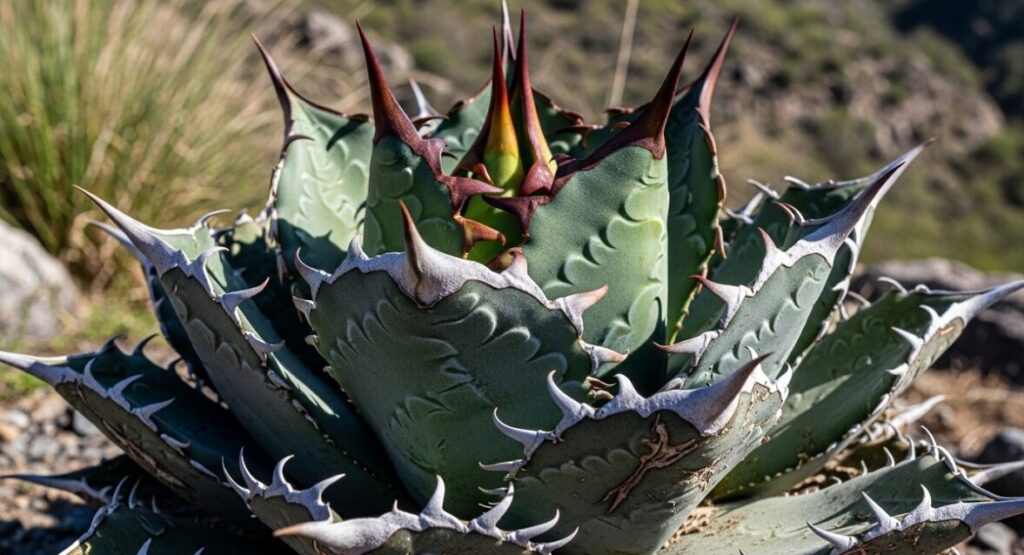 野生味あふれる荒々しい鋸歯と厳しい環境を生き抜いた質感を持つ、メキシコ・オアハカ産の風格あるアガベ・チタノタの現地球