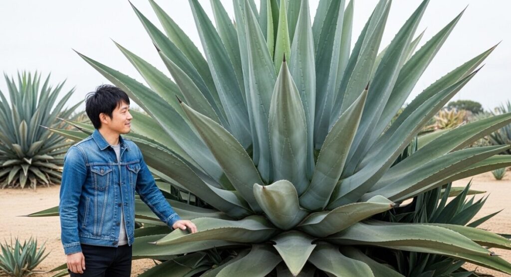 直径2メートル以上に成長したアガベの横に立つ日本人男性