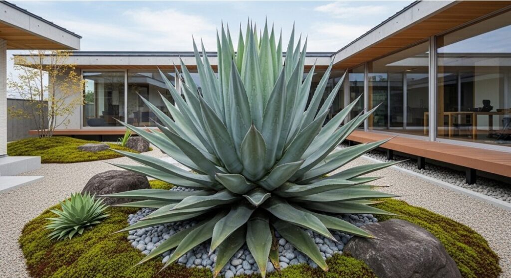 日本のモダンな住宅の庭に地植えされた、圧倒的な存在感を放つ巨大なアガベ・アメリカーナの全景。