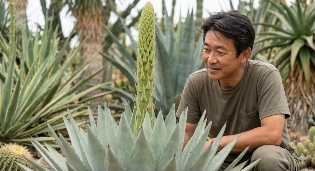 大切に育てたアガベの中央から伸びる巨大なアスパラガス状の花茎を、驚きと期待の表情で見つめている写真