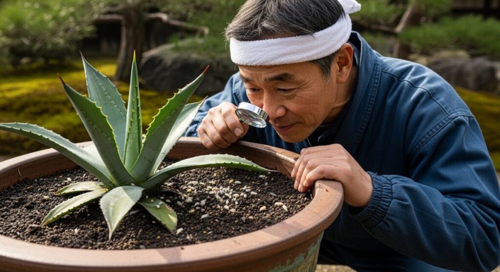 日本人栽培者が、アガベの鉢植えの土の表面を観察し、小さな白いトビムシの存在を確認する様子
