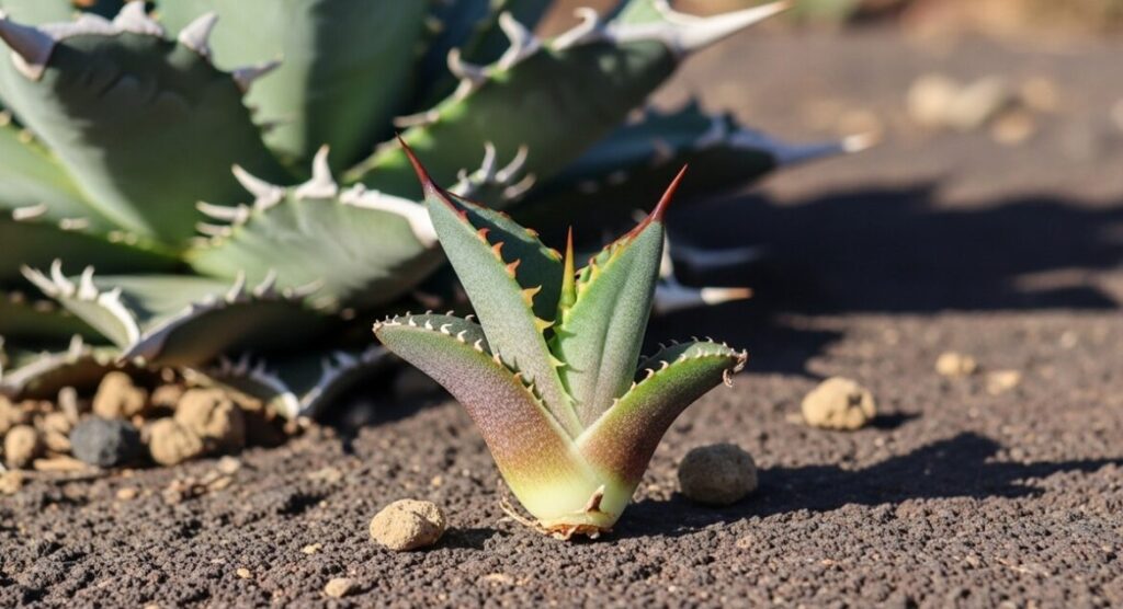 アガベ・ポタトラム・スポーンの親株から切り離されたばかりの小さな子株