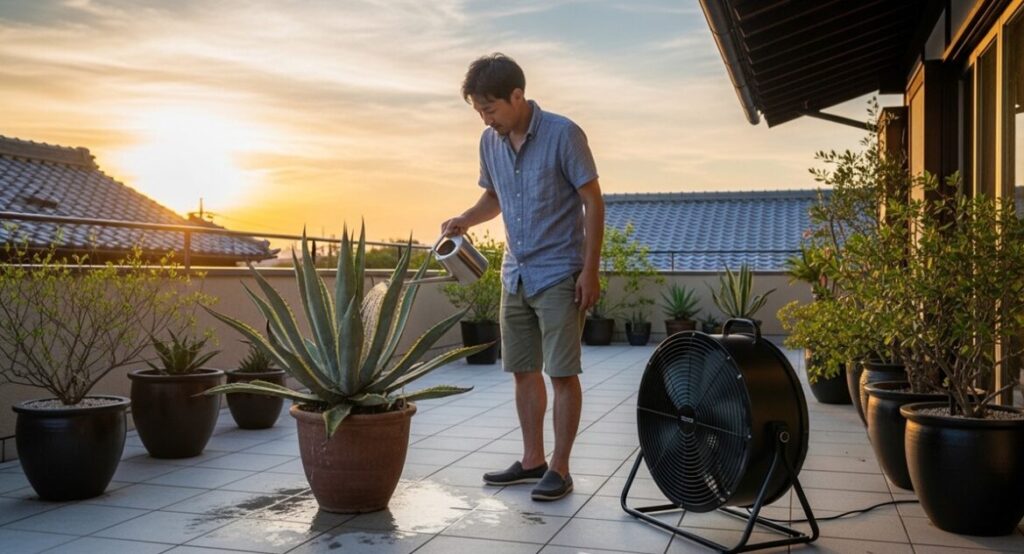 夏の夕方、テラスでアガベ・ポタトラム・スポーンに水やりをする日本人男性