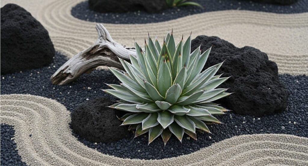 日本のドライガーデン（ロックガーデン）に配置された、美しいロゼットのアガベ・スノーデビル