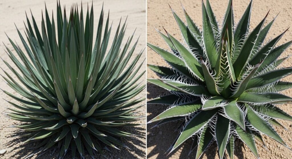 アガベ・ストリクタ（吹上）とアガベ・ジェミニフローラを左右に並べた比較