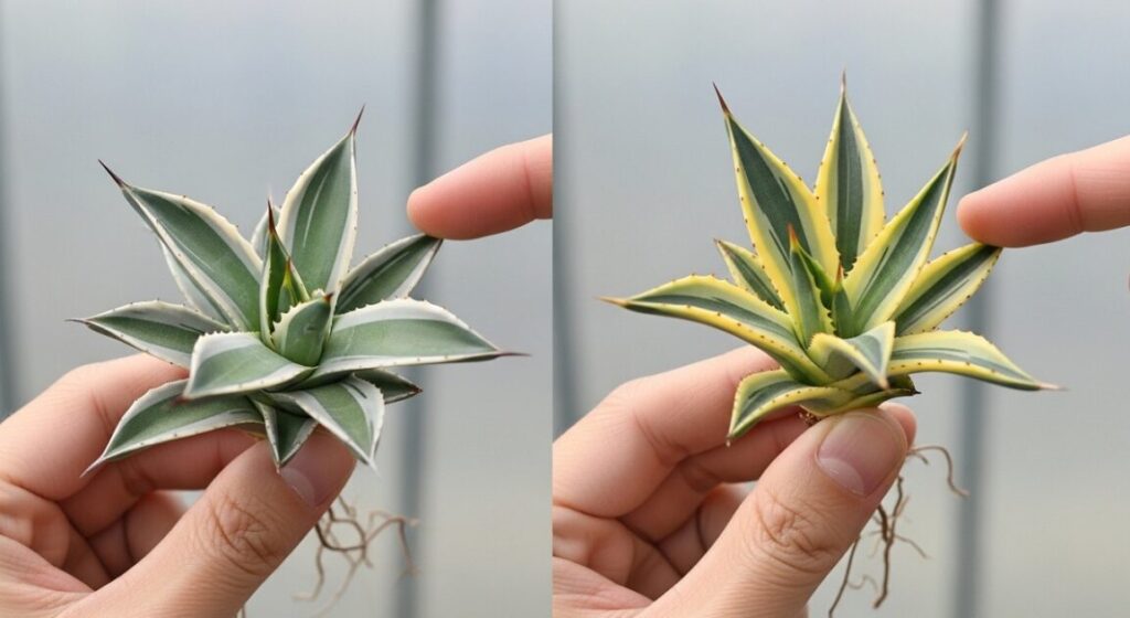 日本人の指が、本物のアガベ・ピンキー（白い覆輪、肉厚葉）とスーパークラウン（黄色い覆輪、薄い葉）の横並びの比較写真