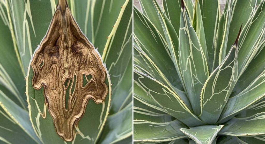 アガベ・ピンティラの葉の比較。左側はアザミウマ被害により成長点付近が茶色くかさぶた状に傷ついた葉、右側は白く鮮明なペンキ模様が残る健全な葉