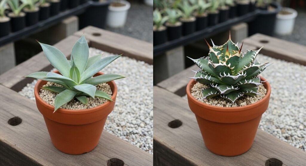 アガベ アプラナータ（左）とアガベ 吉祥冠（ポタトラム系）（右）の苗を並べて比較した画像