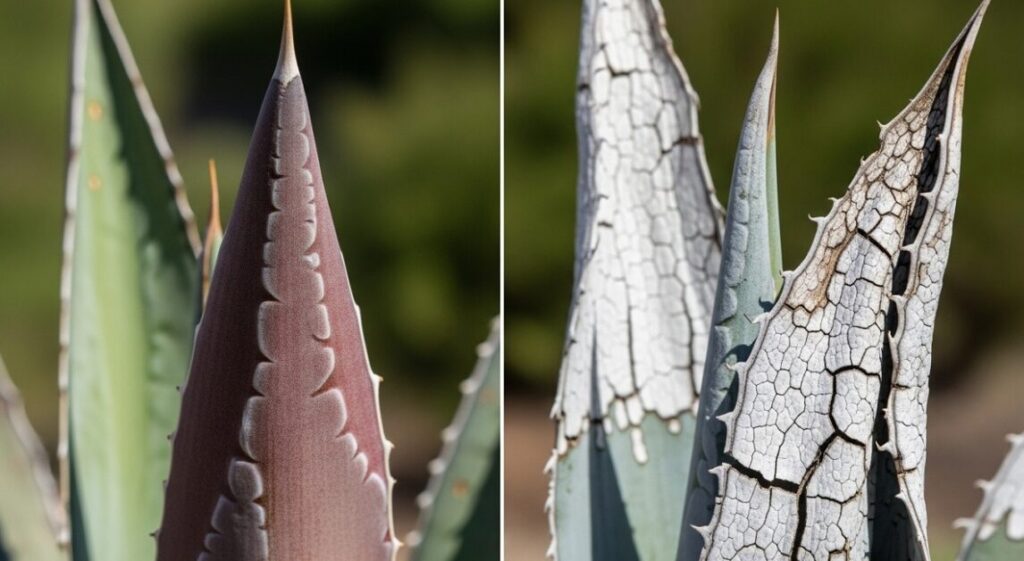 正常な赤紫色のストレスカラーの葉と、中央が白く抜けて乾燥した葉焼けのダメージがあるアガベの葉の比較