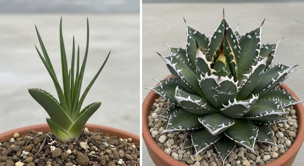 同じ品種（アガベ・チタノタ「SAD」）だが、左側には小さな「ただの緑の草」に見える子株