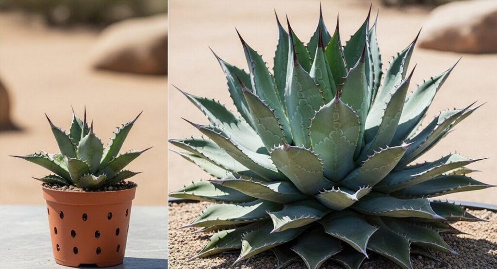 アガベの小さな子株（プレステラ入り）と、その横に同じ品種の立派に成長した親株（強烈な鋸歯）を並べた比較
