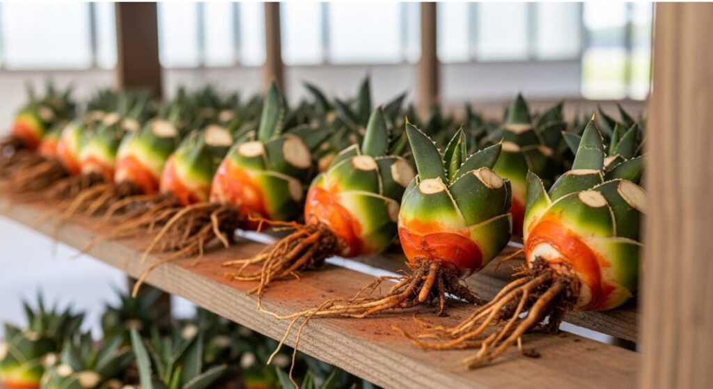 胴切りされ、オレンジ色の殺菌剤が塗られたアガベが抜き苗状態で棚に並び、風通しの良い場所で乾燥している