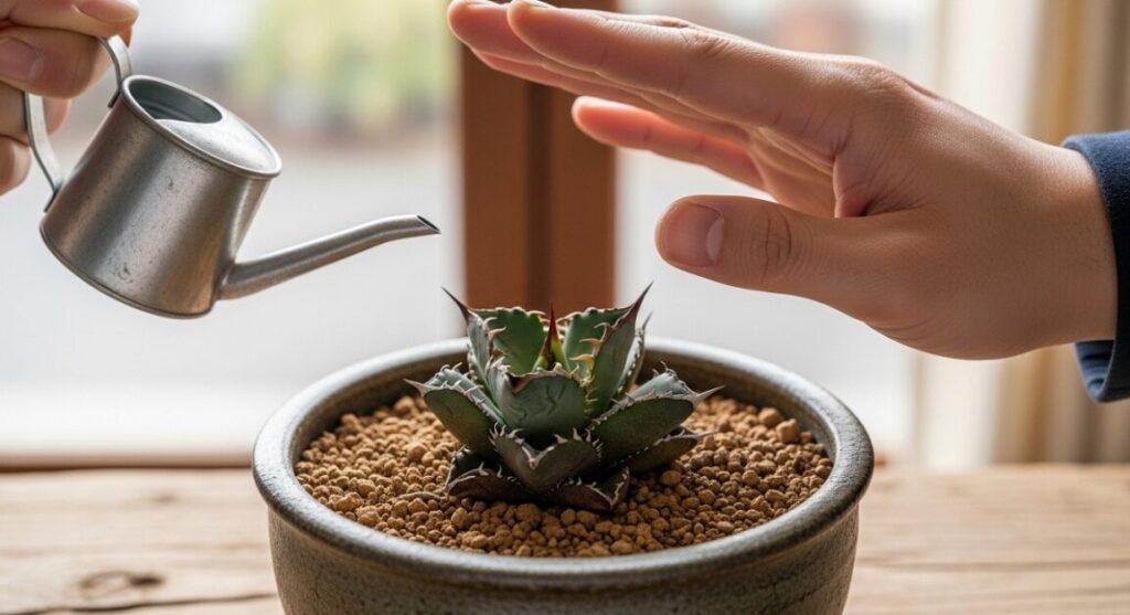 冬の間、完全に乾いた土の表面と、少しシワが寄ったアガベ・チタノタの鉢。手前に水やりを我慢する日本人男性の手