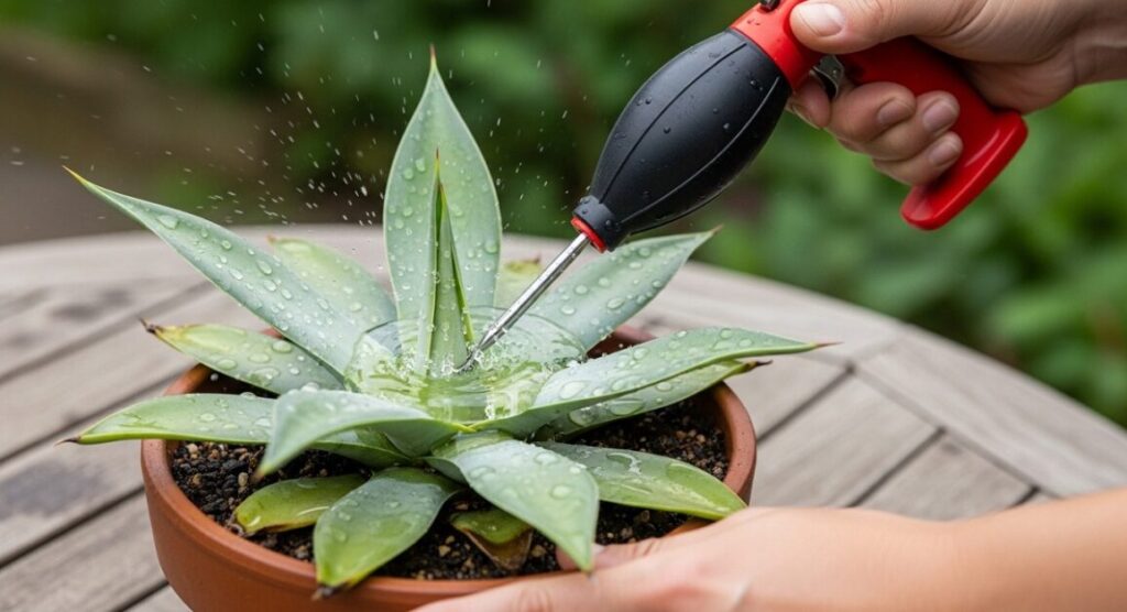 手動のブロワーを使い、アガベのロゼット中心部（成長点）に溜まった薬液を丁寧に吹き飛ばす作業風景