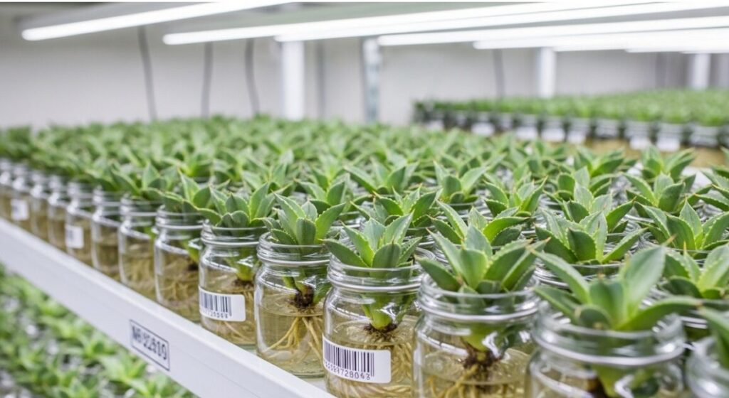 清潔な園芸用ラボのような環境で、無菌のガラス瓶の中に整列して並んだ小さなアガベのメリクロン苗