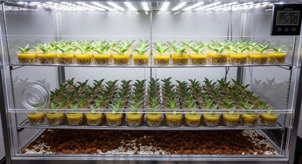 メリクロン（組織培養）で増やされた小さなアガベの子株が、高湿度環境（透明なフードの下）で順化されている様子