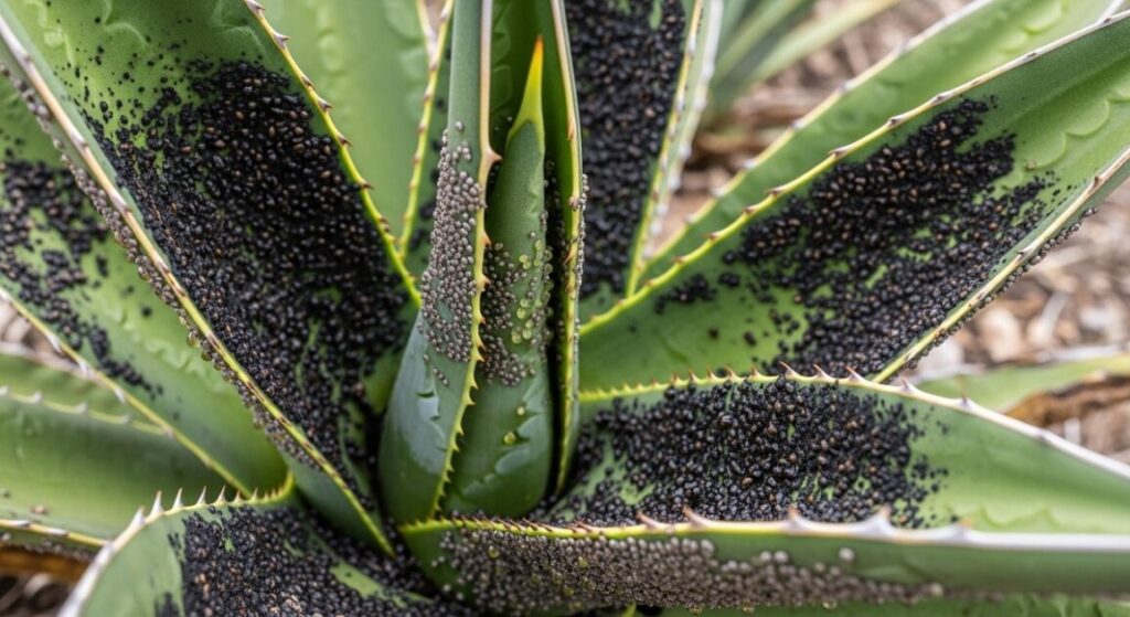 カイガラムシの排泄物(甘露)により黒いカビ(すす病)で覆われたアガベの葉