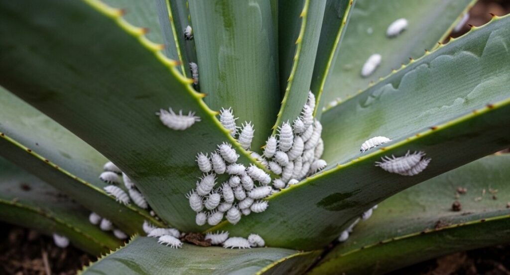 アガベの葉の付け根に付着した白い綿状のコナカイガラムシのコロニー