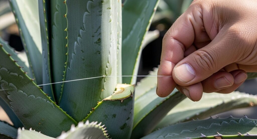 成熟したアガベの株を、釣り用のテグスを使用して水平に「胴切り」している最中