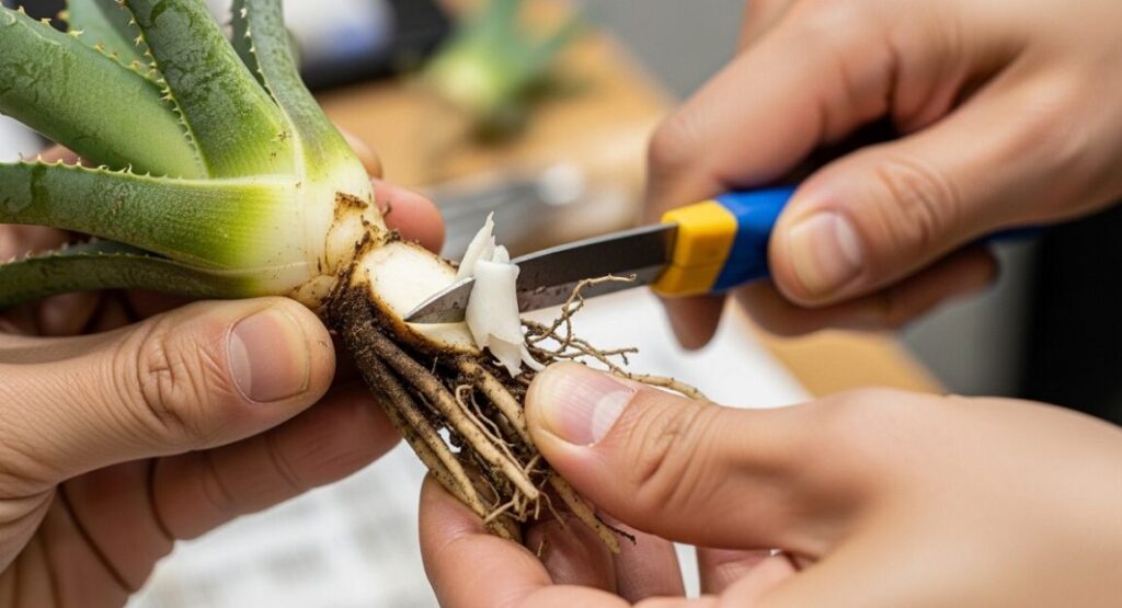 輸入されたアガベのベアルート株の硬い木質化した根元を、カッターで薄く削り、白い新鮮な組織を露出させている