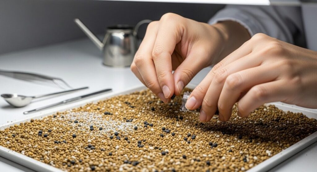 熱湯消毒された排水性の良い無機質用土に、小さなアガベの種子を慎重に蒔いている