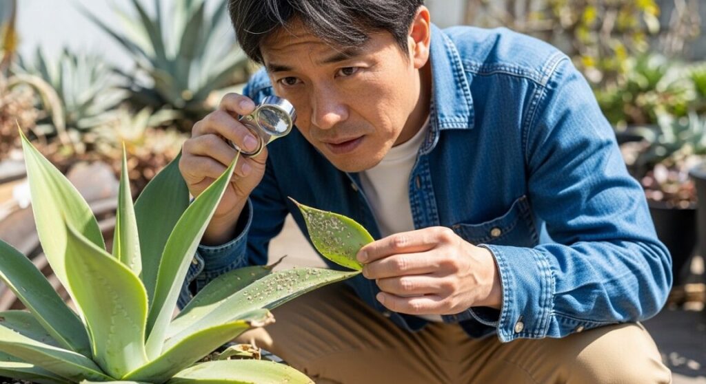 ルーペ（拡大鏡）をアガベの新芽にかざし、アザミウマによる微細な食害痕を注意深く観察する様子