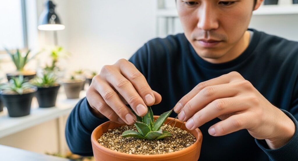 日本人男性の栽培者が、赤玉土や軽石を配合した水はけの良い用土に植えられたアガベの鉢を手に取り、土の乾き具合を真剣な表情で確認している手元のアップ