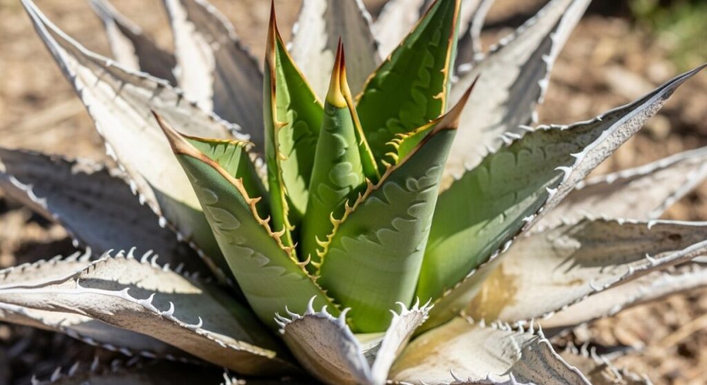葉焼けで外側の葉が白く焦げたアガベ