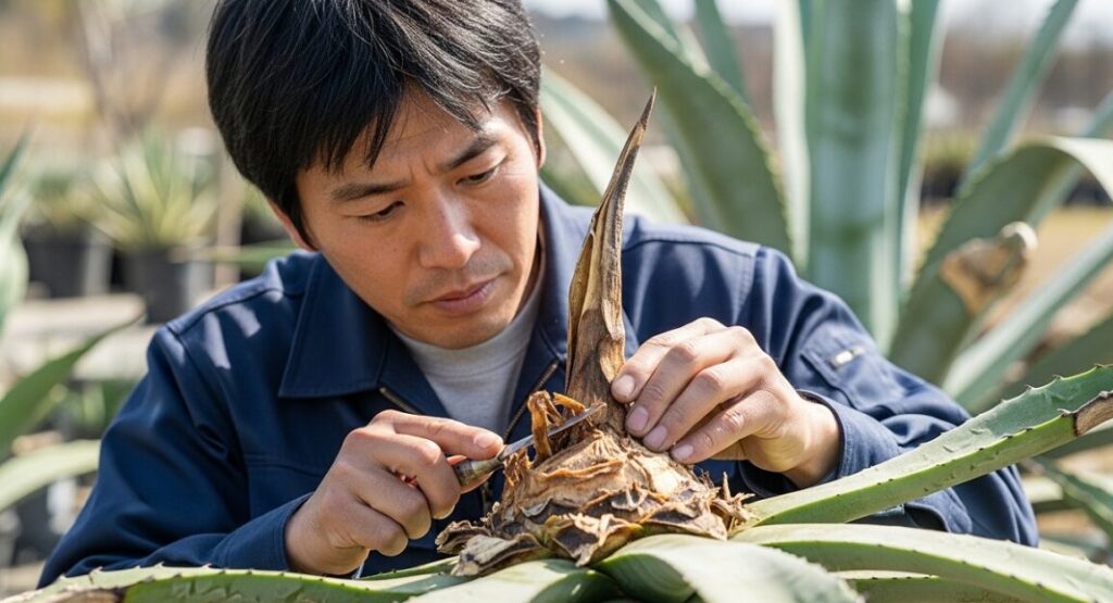 アガベの成長点の腐敗した組織をナイフで慎重に取り除く日本人の男性
