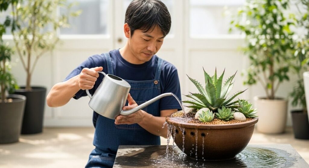 美しいアガベ・シジゲラにジョウロで丁寧に水やりをしている