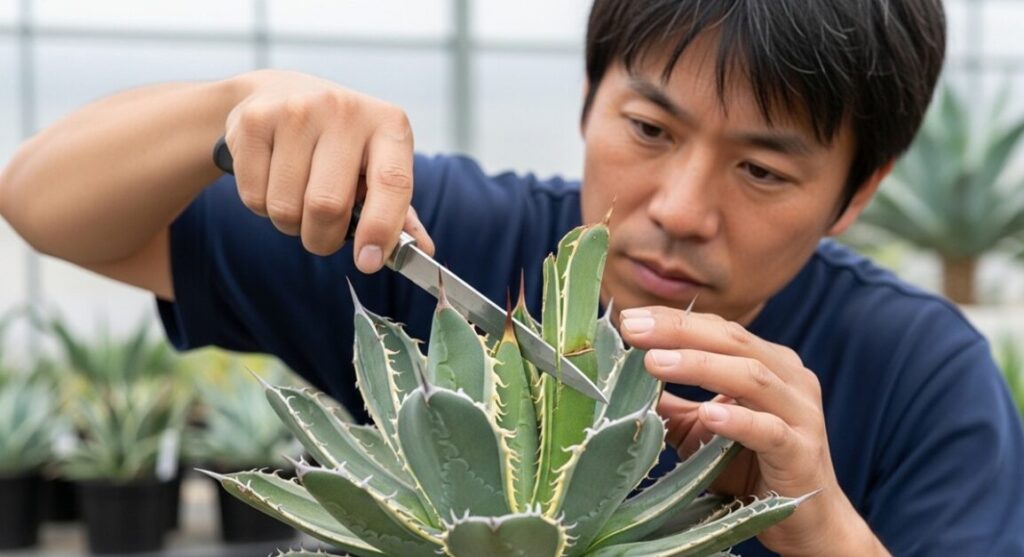 アガベ・スノーデビルの成長点を清潔なナイフで切り落とす「胴切り」を行っている様子