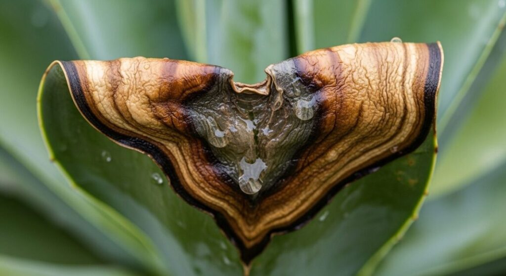 冷害で水っぽく変色し、ジュレて崩れかけたアガベの葉のアップ。