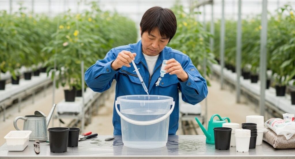 日本人栽培者(女性)がシリンジを使ってリキダスを正確に計量し、水に混ぜる様子