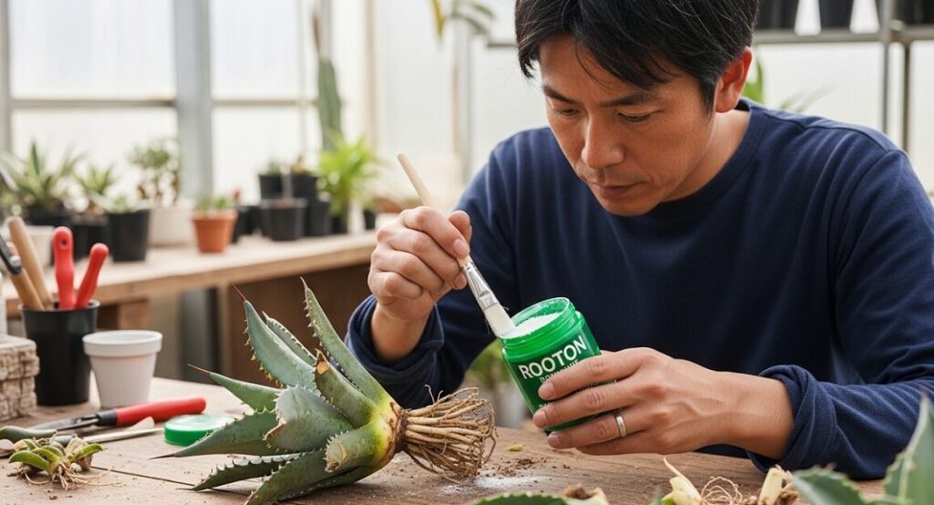 整理されたベアルートのアガベの切り口に、発根促進剤(ルートン)を塗る日本人男性